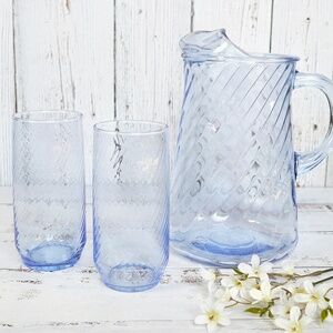Vintage Blue Optic Swirl Drinking Set w/ Pitcher & Glasses Glassware Drinkware